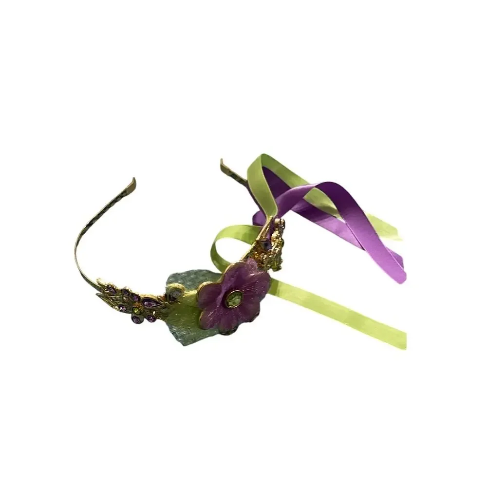 Disney Tinkerbell Headband Purple Green Ribbon Streamers Gold Tone Band